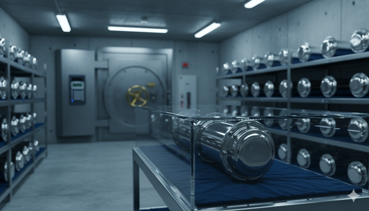 Time capsules in a vault for time capsules with a heavy vault door and shelves full of time capsules.